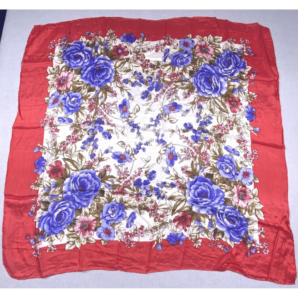 Vintage 100% Silk Scarf Hand Printed Rolled Red Blue Floral Rose Square 34x34